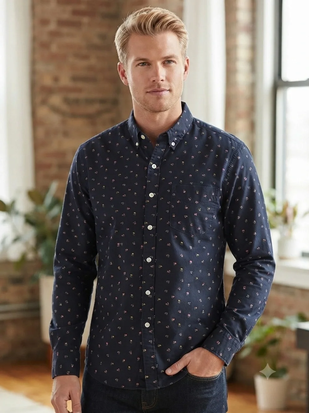 J. Crew Navy Cotton Button-Down Shirt with Small Floral Print Slim Fit